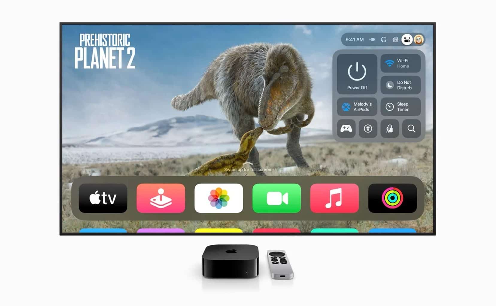 Apple TV 4K interface showcasing the tvOS 18.4 update, featuring a refined Apple TV app carousel with Watchlist and info buttons, released March 31, 2025.