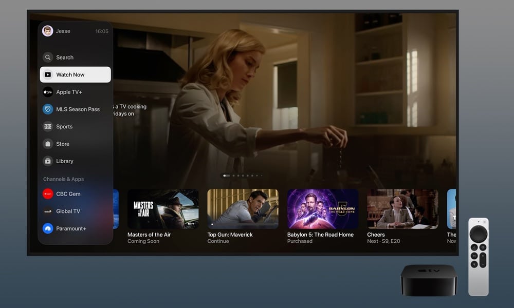 Apple TV 4K running tvOS 18.5, displaying the Wireless Audio Sync feature for Dolby Atmos calibration, ensuring seamless audio playback with AirPlay and Bluetooth speakers.