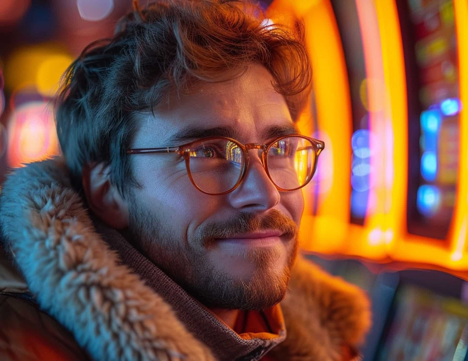 A man with glasses and a beard is smiling while sitting in a brightly lit gaming arcade. He is wearing a fur-lined jacket, and colorful lights from arcade machines create a warm and vibrant background, as if he's found the ultimate guide to enjoying the perfect home slot setup.