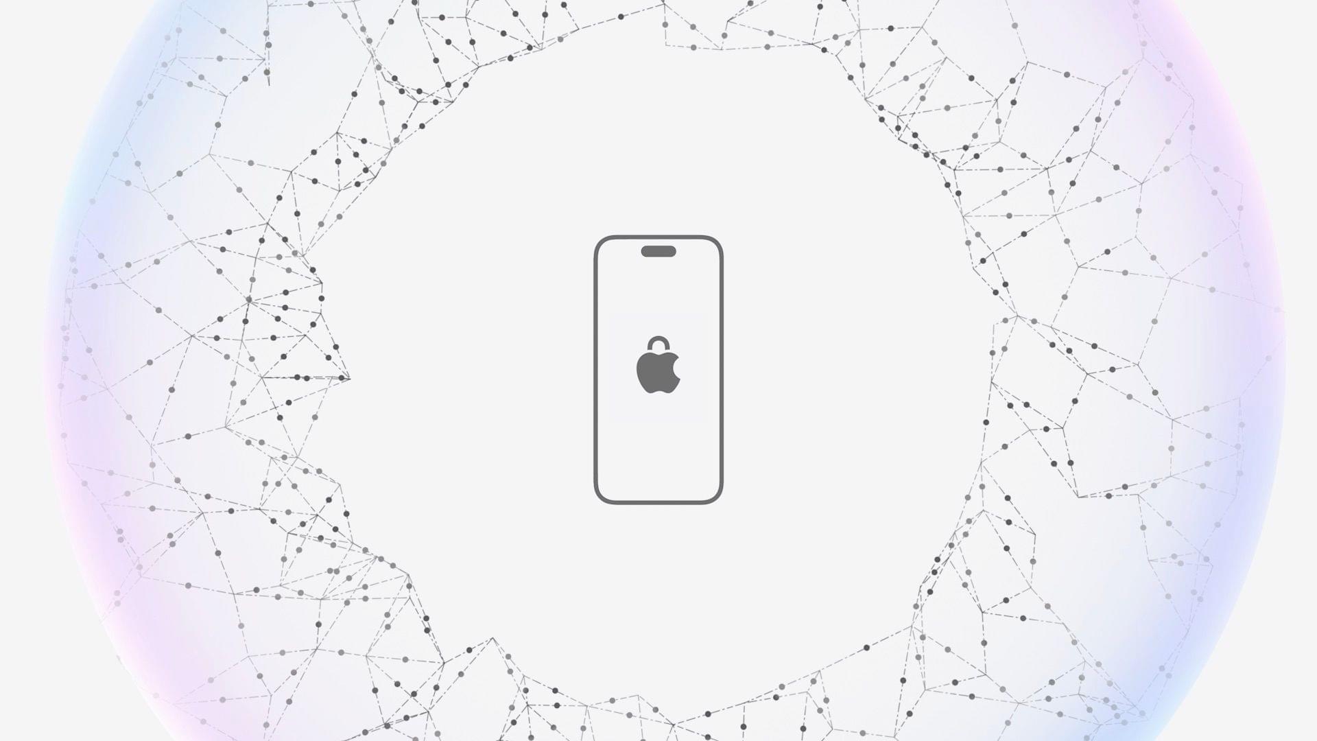 Illustration of a smartphone with a lock icon and an apple logo on the screen, centrally placed on a light background. The edges of the image feature a circular pattern of interconnected dots and lines, resembling a network or web, symbolizing Apple Intelligence within its products.