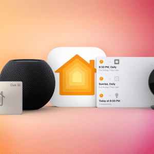 A smartphone displaying the Apple Home app with HomeKit settings open, showcasing the iOS 16.4 update interface for Apple HomeKit 2025 smart home control, surrounded by smart devices like a light bulb and thermostat on a modern desk.