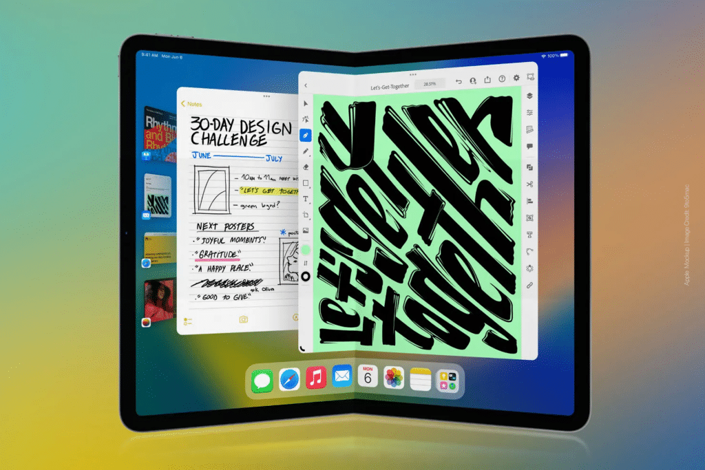 A conceptual render of touchscreen Macs and folding iPads, showcasing a foldable iPad unfolding into a larger display and a MacBook with a touch-enabled screen, set against a sleek, modern workspace, highlighting Apple’s innovative design for 2030.