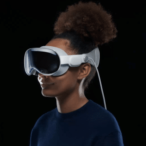 A person wearing Apple Vision Pro headset, with a visionOS interface displaying a glowing cursor controlled by eye tracking, highlighting hands-free navigation features like scrolling and app selection, set against a sleek, mixed-reality background.