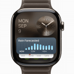 Apple Watch showing the watchOS 11.4 update screen with Sleep Wake Up alarm and Matter smart home features, released April 1, 2025.