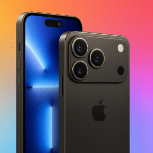 Two modern black smartphones, including the iPhone 17, are shown against a vibrant gradient background. One phone displays a blue screen, while the other shows the back with three cameras and the Apple logo.