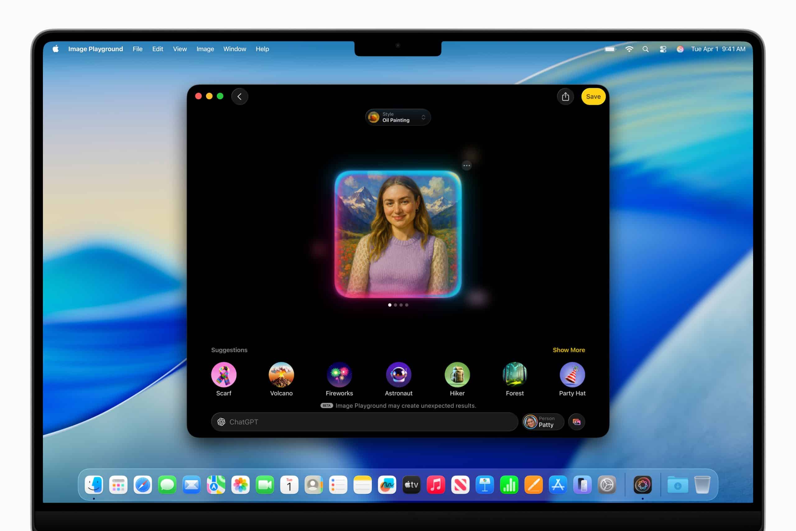 A laptop screen displaying an app called "Image Playground," enhanced by Apple Intelligence, shows a woman's portrait with creative visual effects and several editing options below, set against a colorful desktop background.