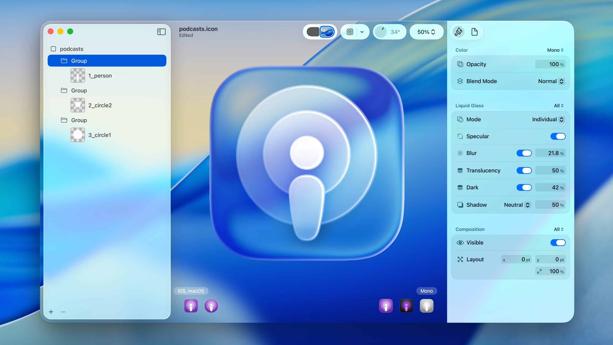 A digital interface displays a podcast app icon in the center, with Apple Intelligence features enhancing design tools and layer settings on the right, and a layers panel on the left—all in a blue, modern, glass-like style.