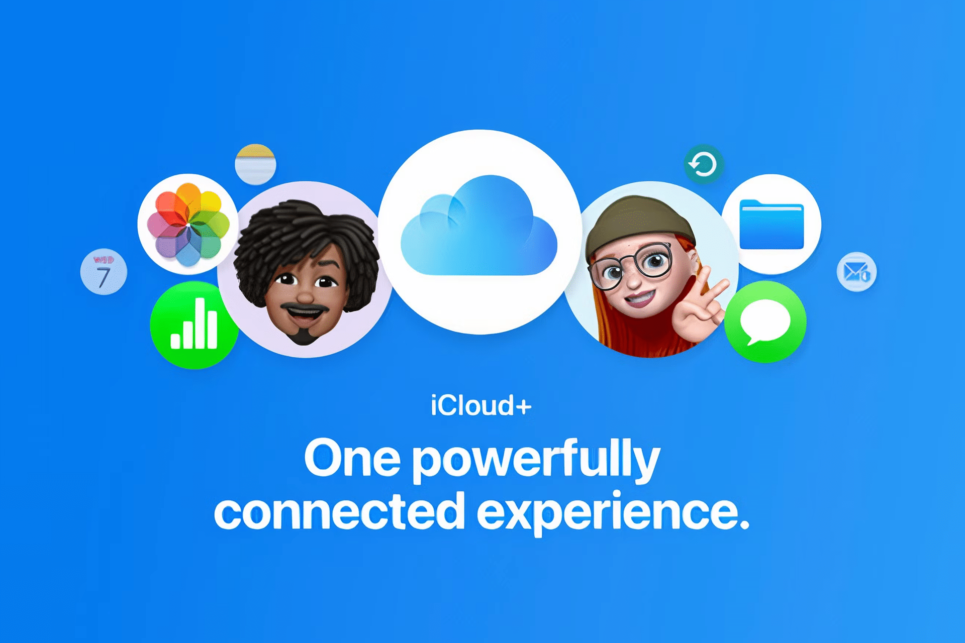 A blue background features the iCloud+ logo centered among Apple app icons, two illustrated avatars, and the text: “iCloud+—One powerfully connected experience for all your Apple services.”.