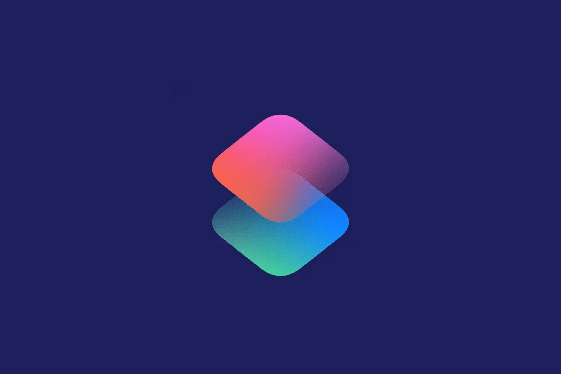 Two overlapping rounded squares—one pink and purple above, one blue and green below—on a dark blue background, inspired by iOS 18 Shortcuts.